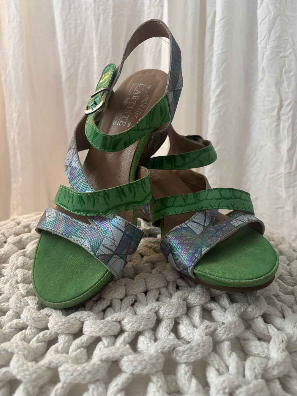 L'ATISTE Green and Iridescent Multi-Strap Heeled Sandals